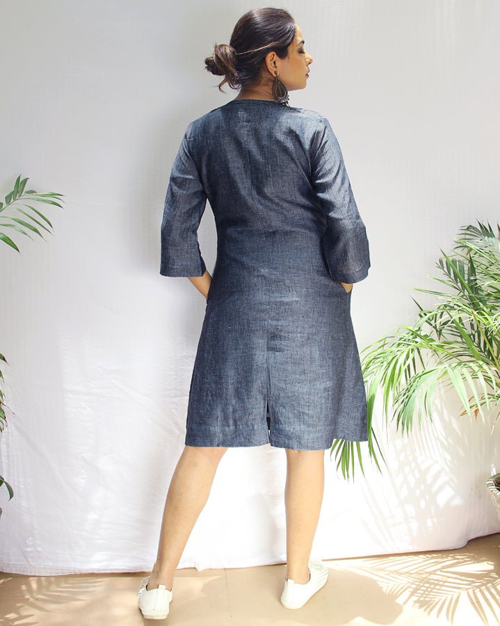 Dark Slate Gray Steel Blue Linen A line Dress