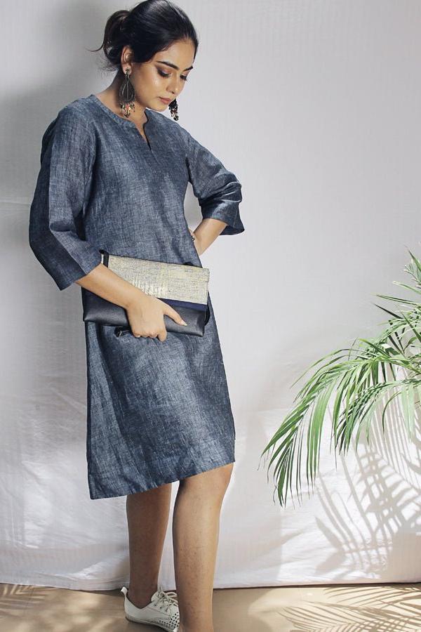 Gray Steel Blue Linen A line Dress