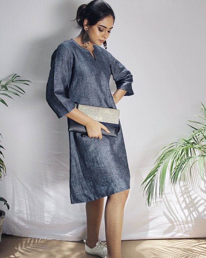 Gray Steel Blue Linen A line Dress