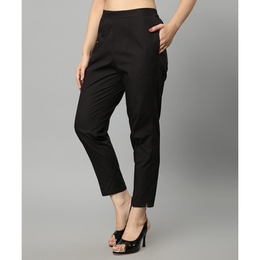 Black Straight Fit Black Cotton Drainpipe Pants