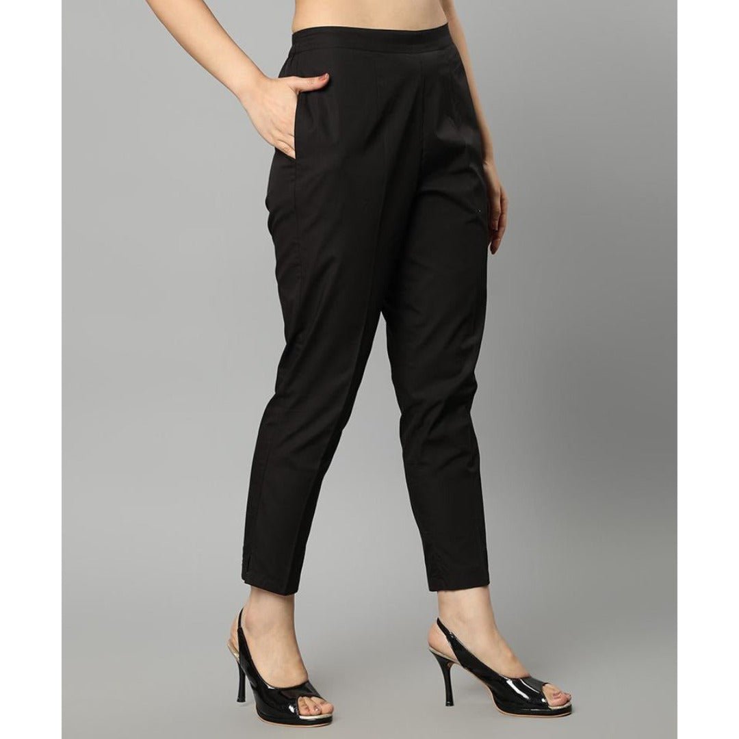 Black Straight Fit Black Cotton Drainpipe Pants