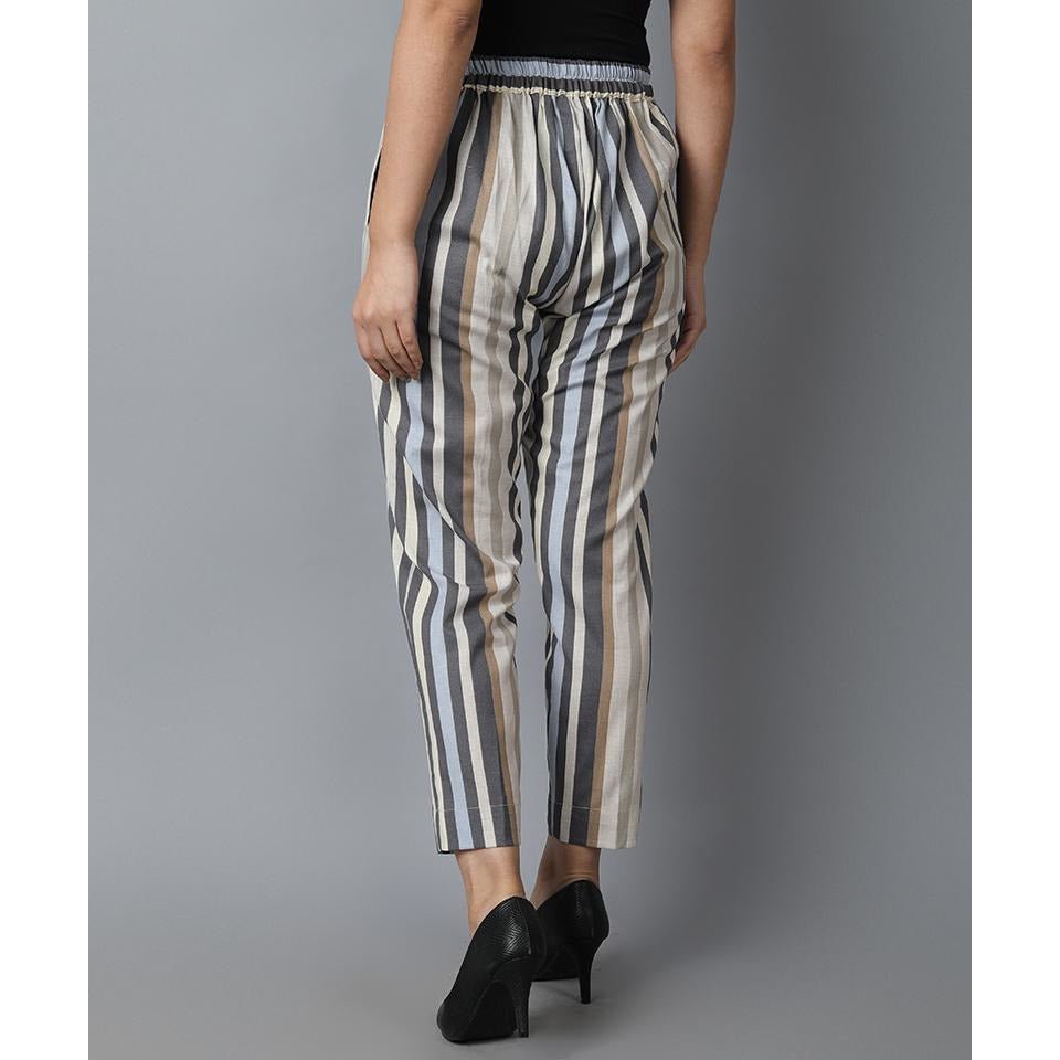 Dark Gray Striped Linen Cotton Drainpipe Pants