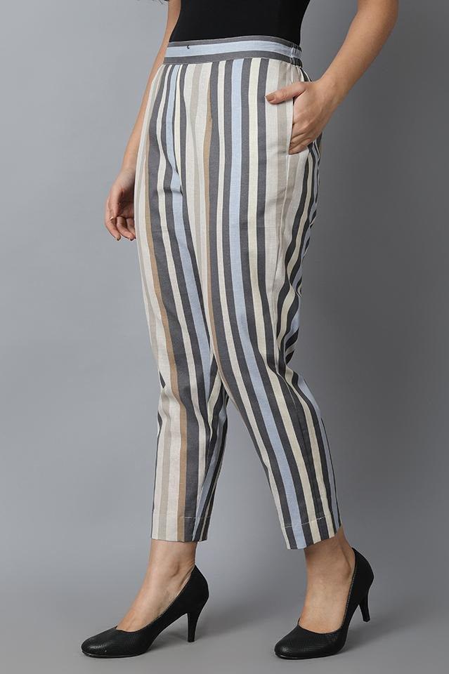 Dark Gray Striped Linen Cotton Drainpipe Pants