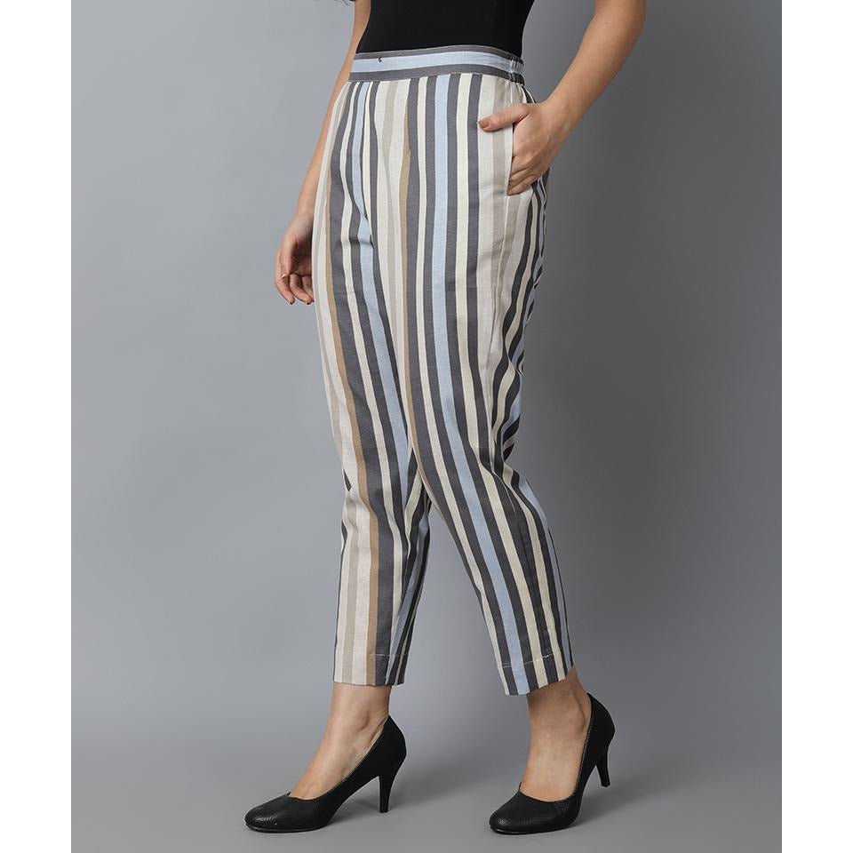 Dark Gray Striped Linen Cotton Drainpipe Pants