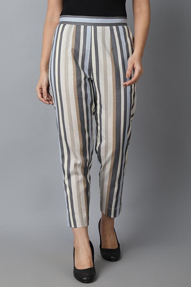 Dark Gray Striped Linen Cotton Drainpipe Pants