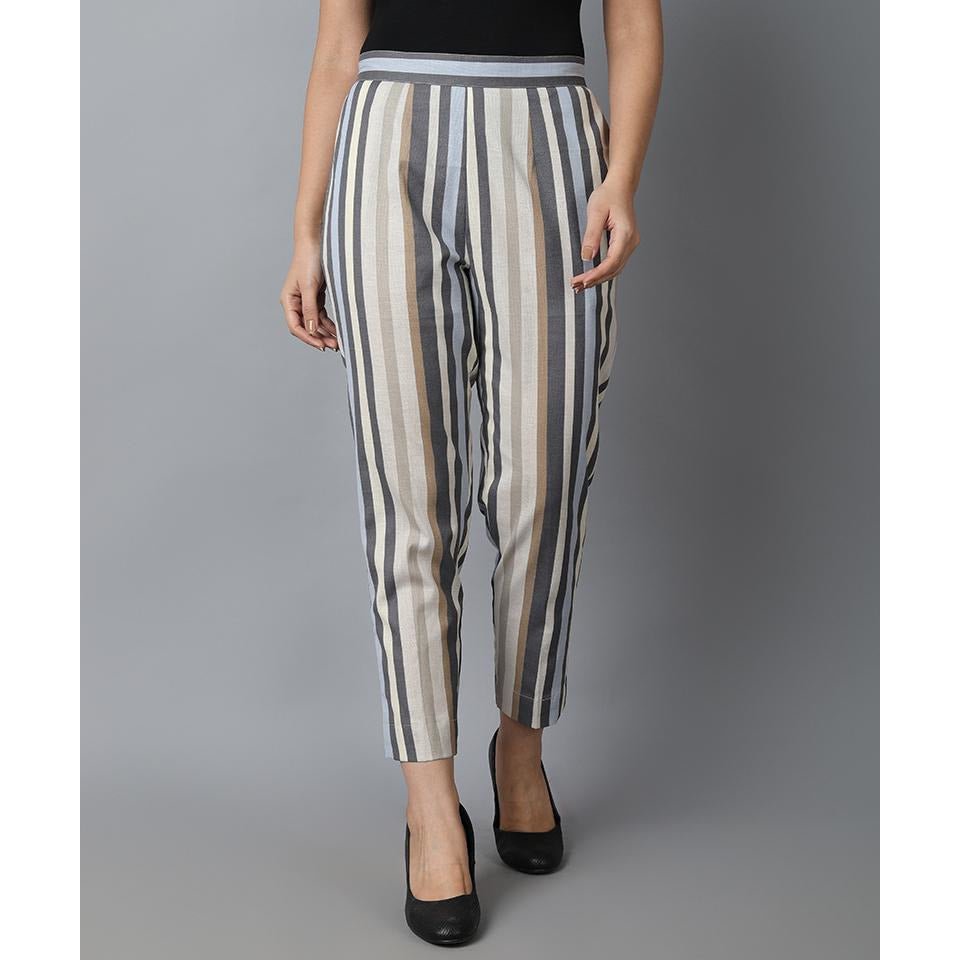 Dark Gray Striped Linen Cotton Drainpipe Pants