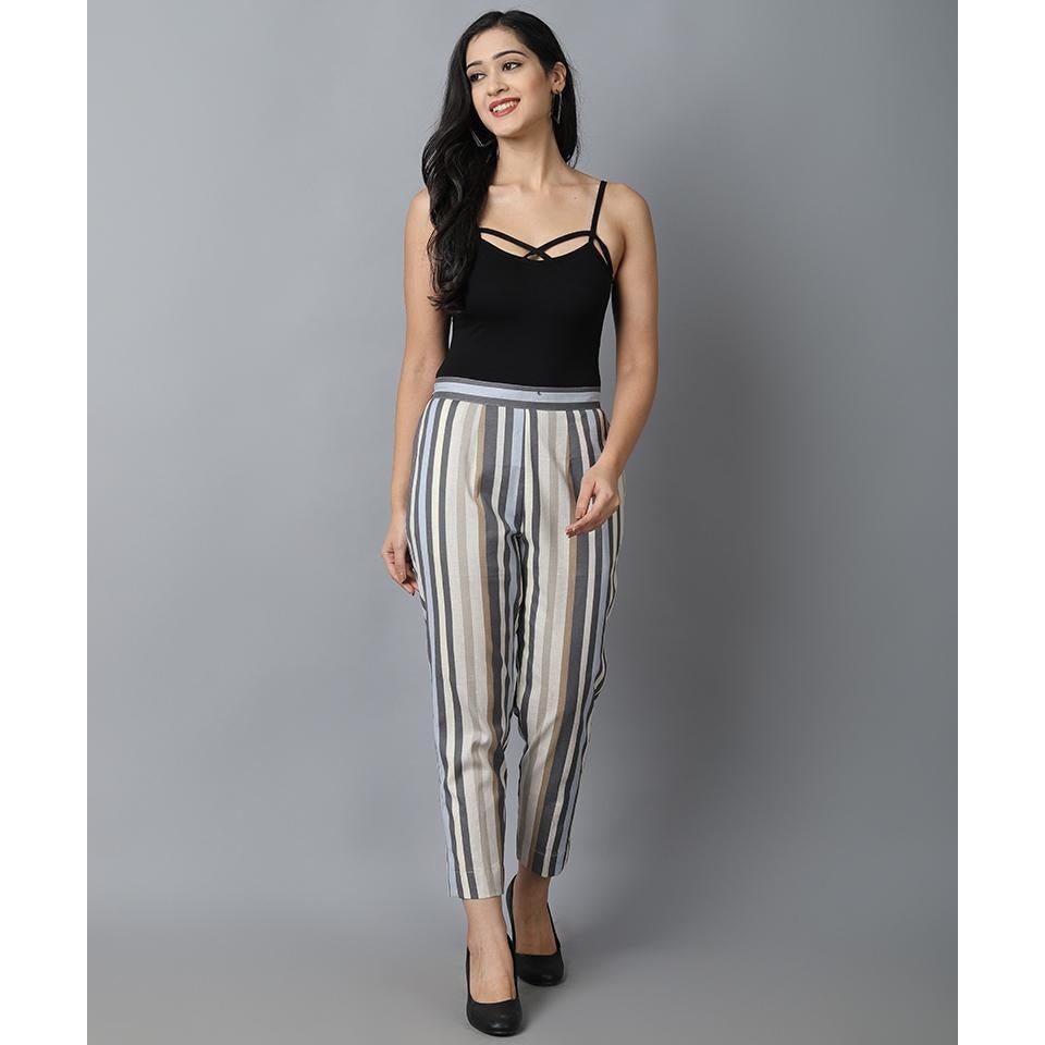 Dark Gray Striped Linen Cotton Drainpipe Pants