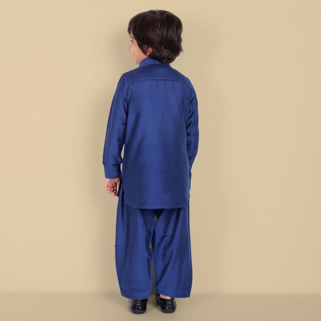 Tan Textured Cotton Silk Ink Blue Pathani - Set of 2