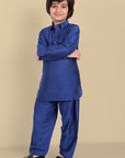 Tan Textured Cotton Silk Ink Blue Pathani - Set of 2