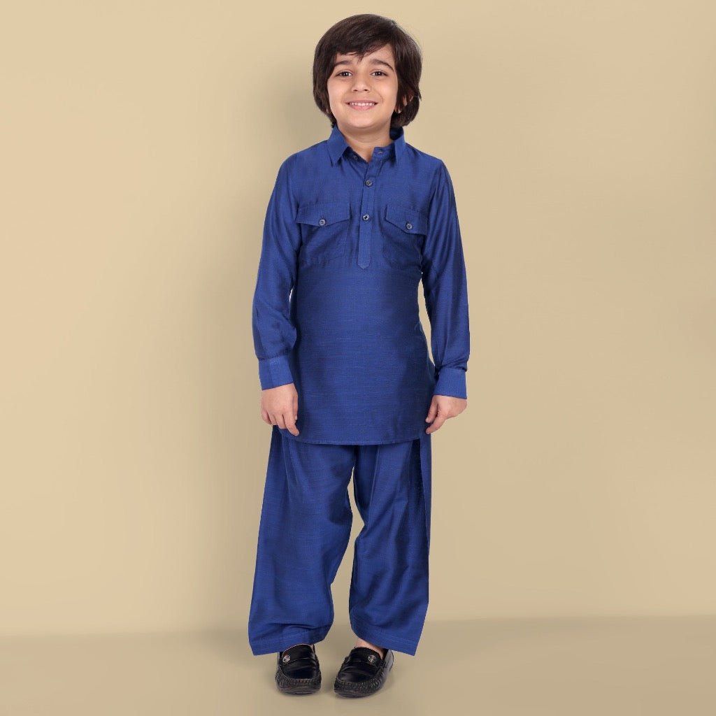 Tan Textured Cotton Silk Ink Blue Pathani - Set of 2