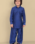 Tan Textured Cotton Silk Ink Blue Pathani - Set of 2