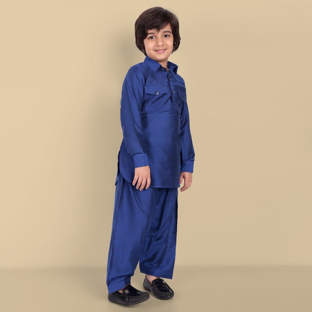 Tan Textured Cotton Silk Ink Blue Pathani - Set of 2