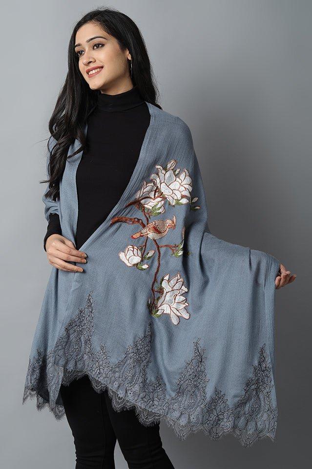 Slate Gray Thunder Bird Pashmina- Cashmere Stole