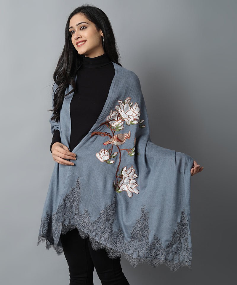 Slate Gray Thunder Bird Pashmina- Cashmere Stole