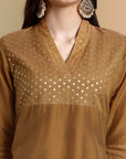 V neck Gold Cotton Silk and Chanderi Kurta & Pant - Set of 3