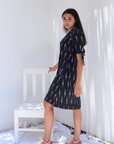 Weaved Black Ikkat A-line Knot Dress