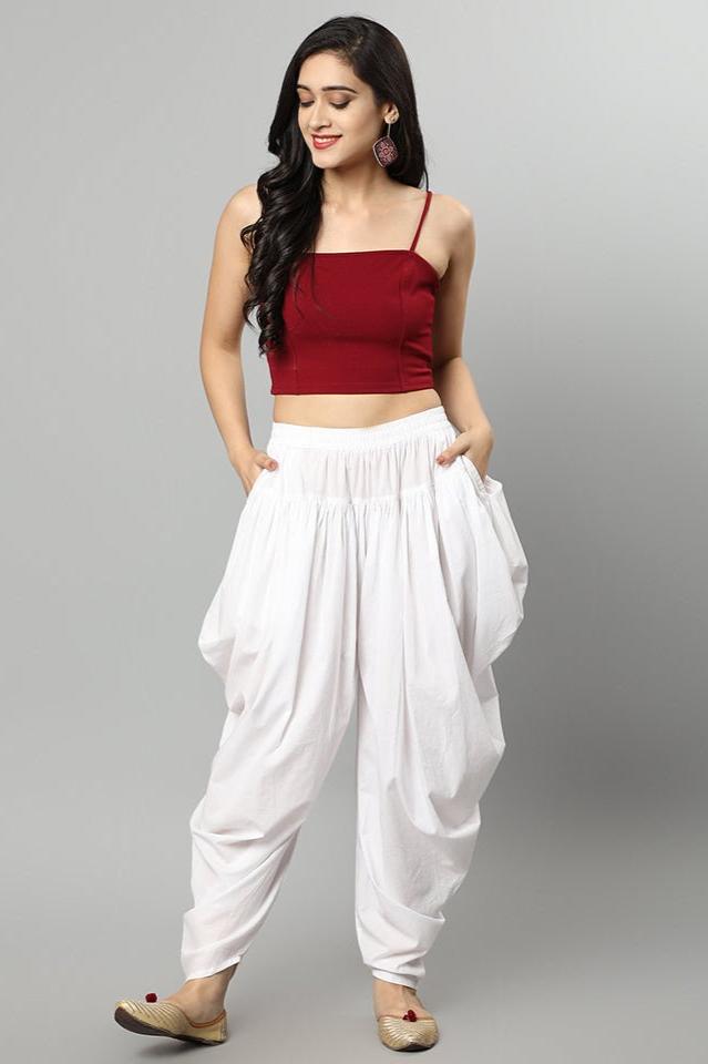 Dark Red White Cotton Dhoti Pants