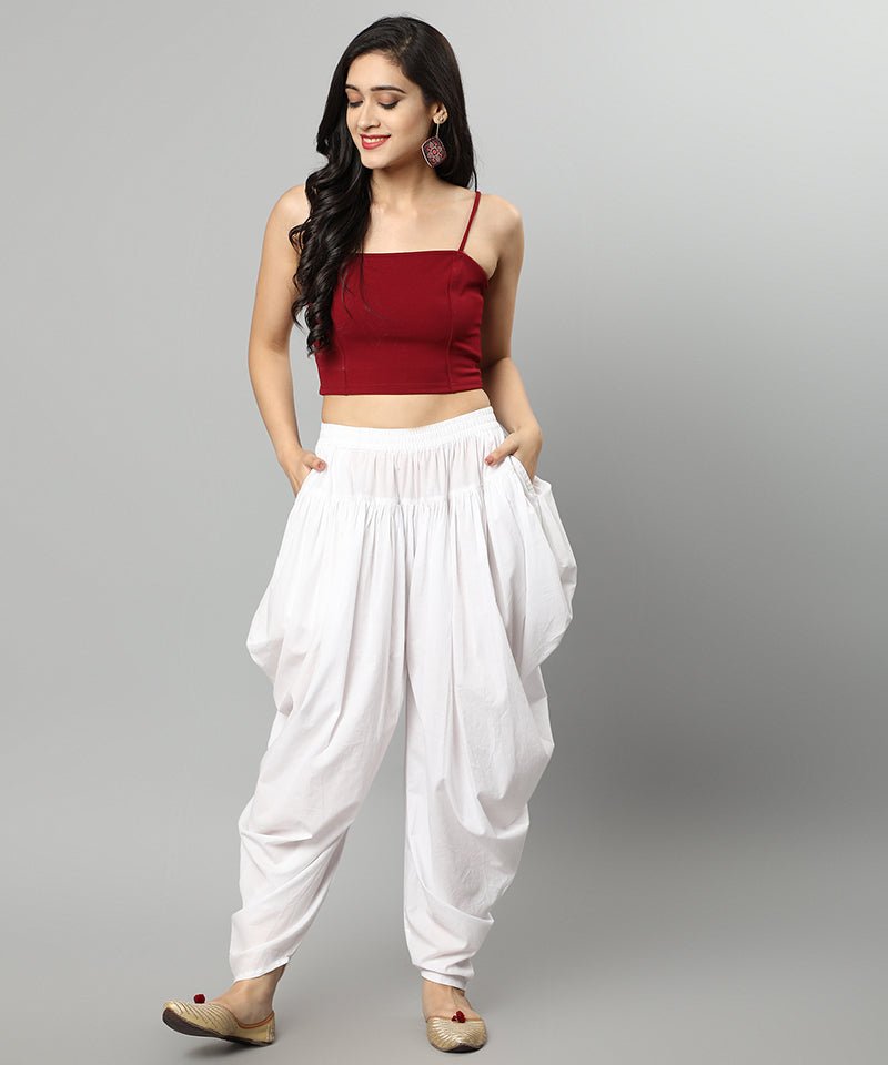 Dark Red White Cotton Dhoti Pants