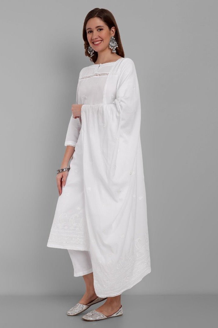 White Cotton Mul Chikankari Kurta &amp; Pant set - Set of 3