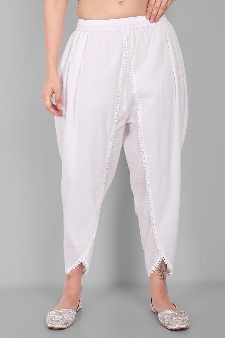 White Cotton Tulip Pants For Women