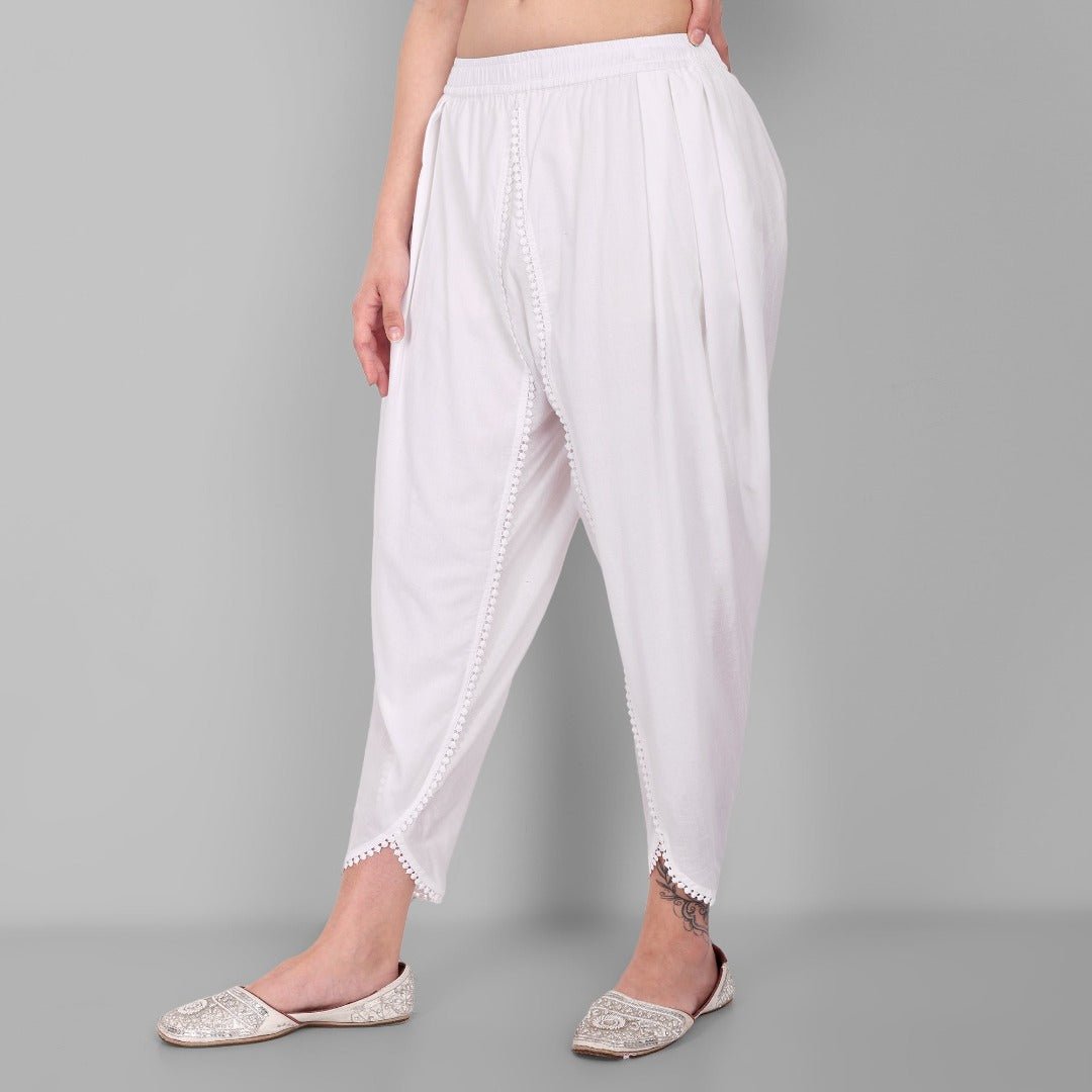 White Cotton Tulip Pants For Women