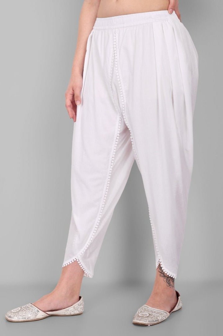 White Cotton Tulip Pants For Women