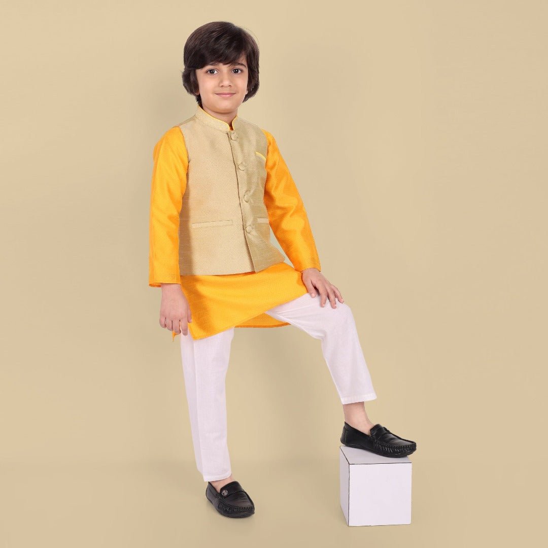 Tan Yellow Cotton silk Kurta and Pajama - Set of 2