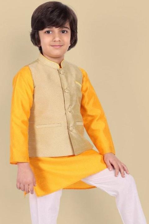 Tan Yellow Cotton silk Kurta and Pajama - Set of 2